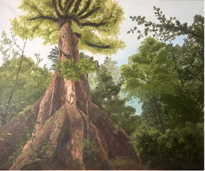 Ascent — oil painting of a human figure merging into a monumental tree