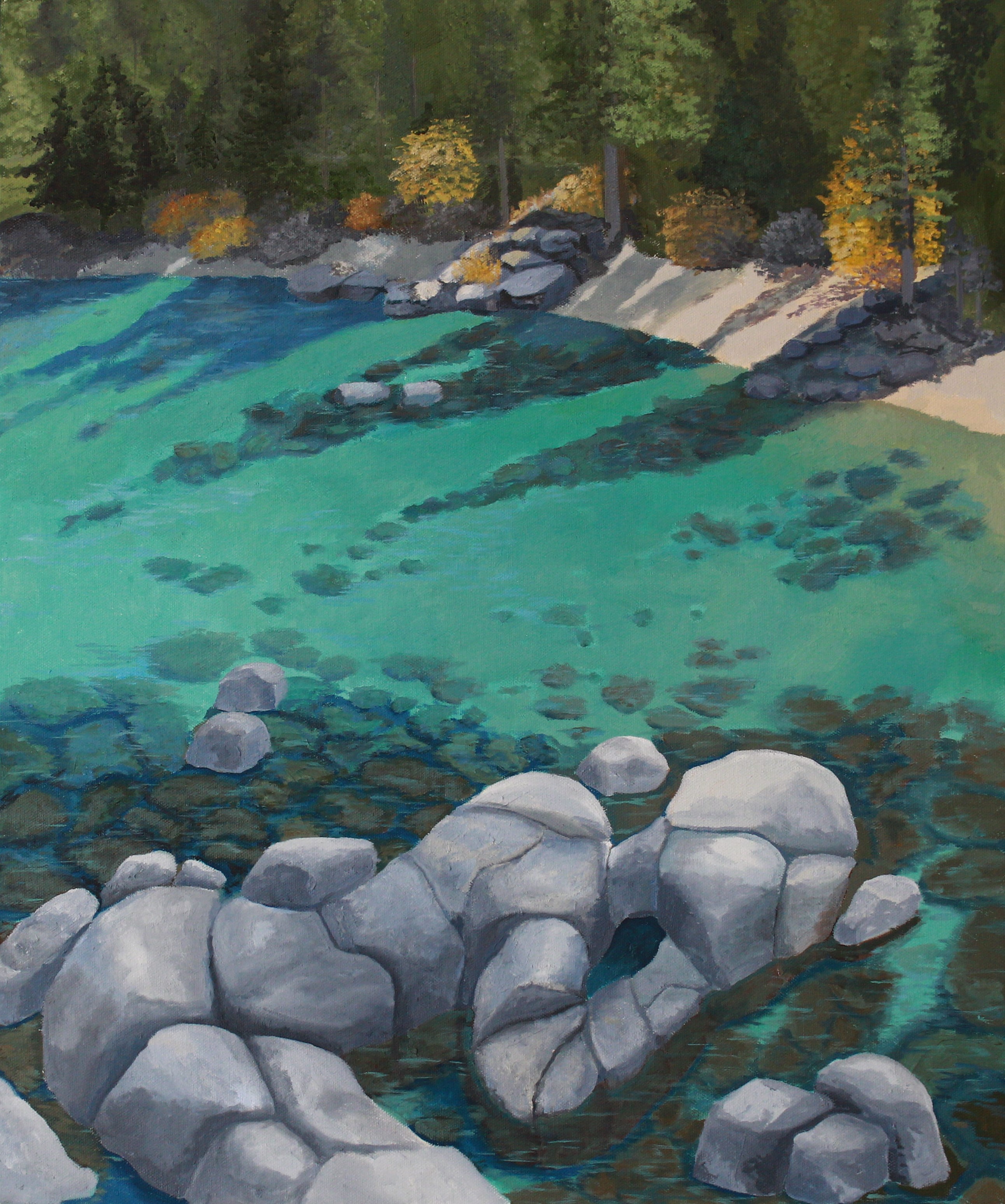 Stillness — oil painting of turquoise water, pale rocks, and a forest shoreline