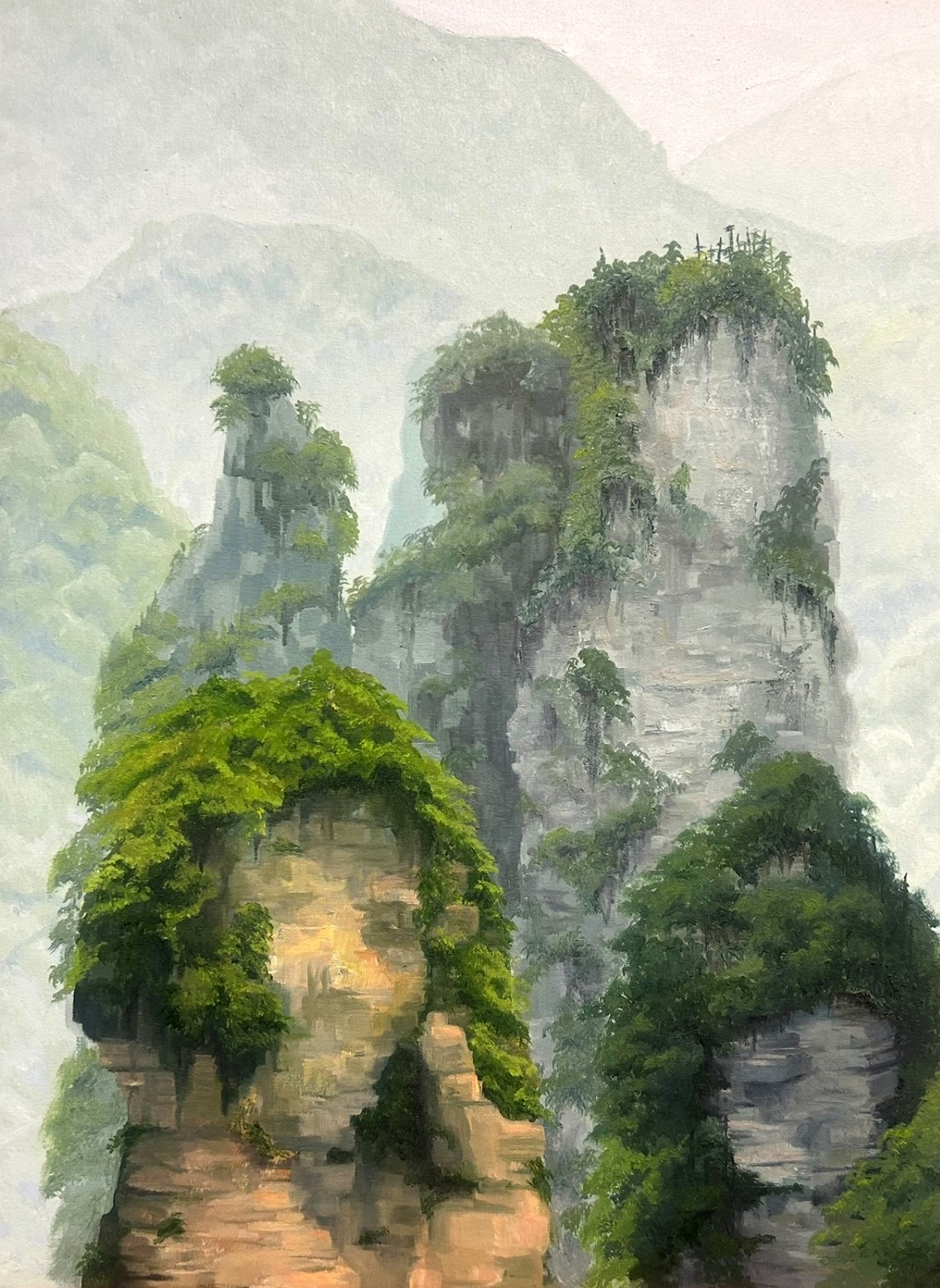 Terrain — oil painting of moss-covered forms resting like a body in the forest