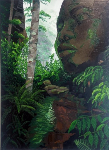 Within — oil painting of a face emerging beside a forest stream